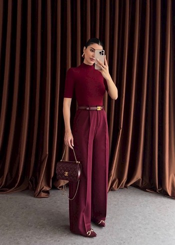 Bordo Yüksek bel palazzo kumaş pantolon - Görsel 4