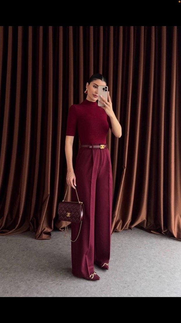 Bordo Yüksek bel palazzo kumaş pantolon - Görsel 4