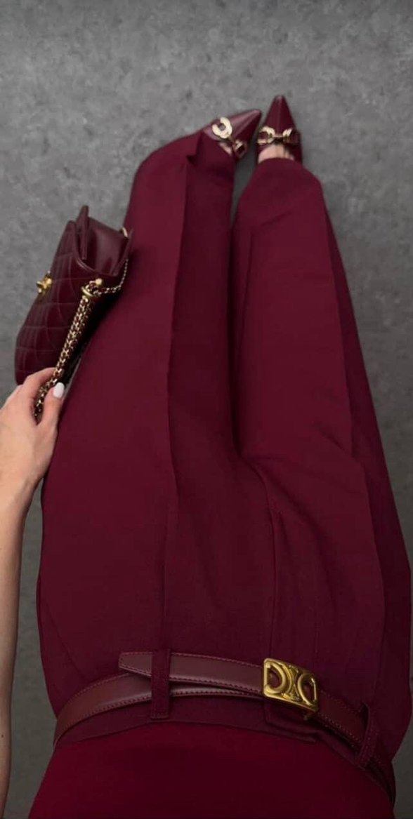 Bordo Yüksek bel palazzo kumaş pantolon - Görsel 2