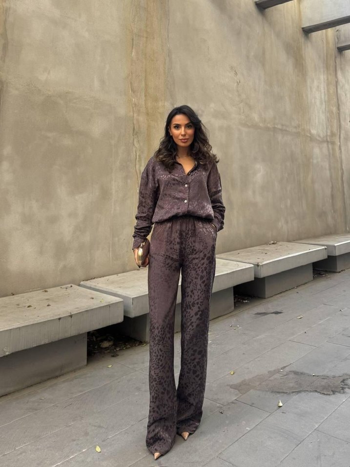 Leopar desenli saten kahverengi takım - Görsel 3