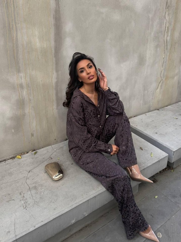 Leopar desenli saten kahverengi takım - Görsel 2