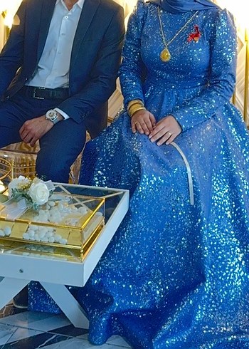 Abiye Parlak Mavi Uzun Kollu Abiye Elbise