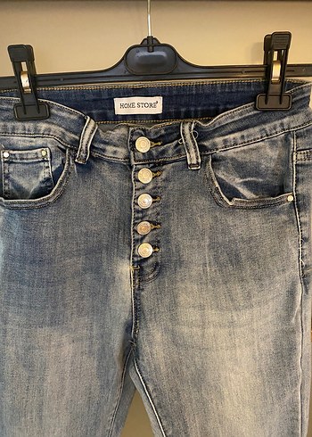 38 Beden Düğmeli Gri Mavi Kadın Denim Pantolon