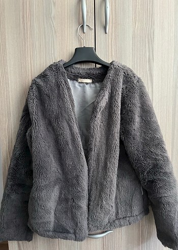 Gri Kadın Peluş Ceket Midi Boy