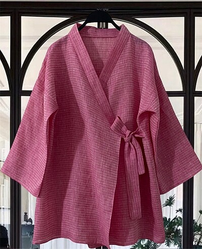 l Beden Pembe keten çizgili kimono