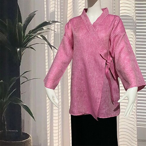 l Beden pembe Renk Pembe keten çizgili kimono