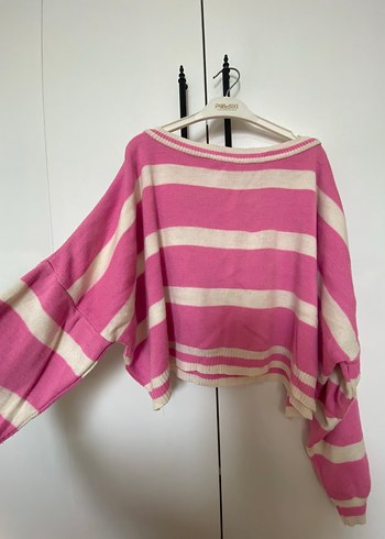 Pembe Çizgili Salaş Triko Kadın Kazak - Görsel 3