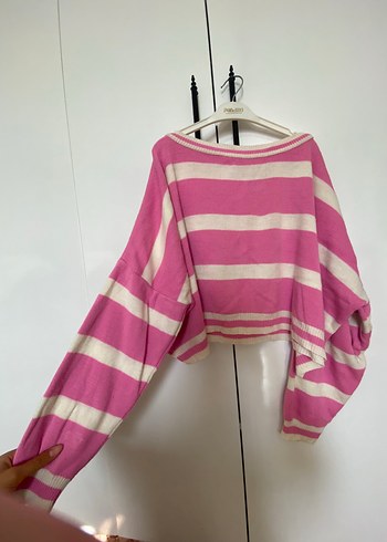 Pembe Çizgili Salaş Triko Kadın Kazak - Görsel 2