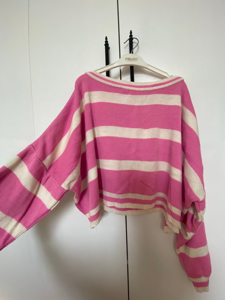 Pembe Çizgili Salaş Triko Kadın Kazak - Görsel 3