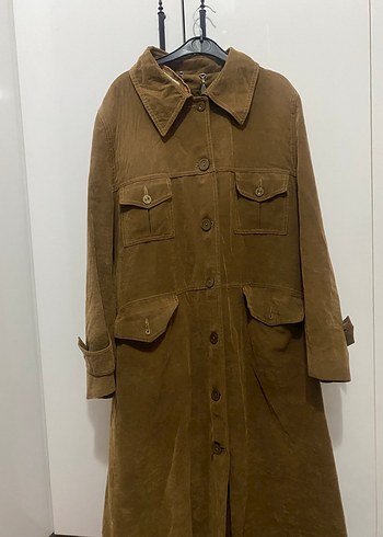 Düğmeli Kahverengi Süet Kadın trençkot - Görsel 3