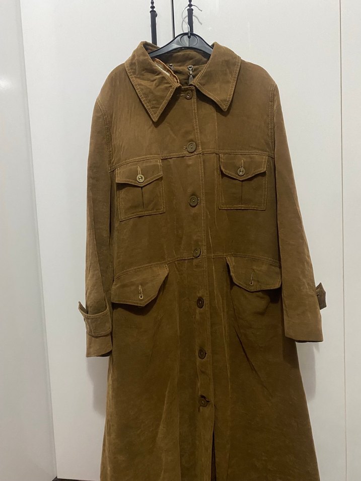 Düğmeli Kahverengi Süet Kadın trençkot - Görsel 3