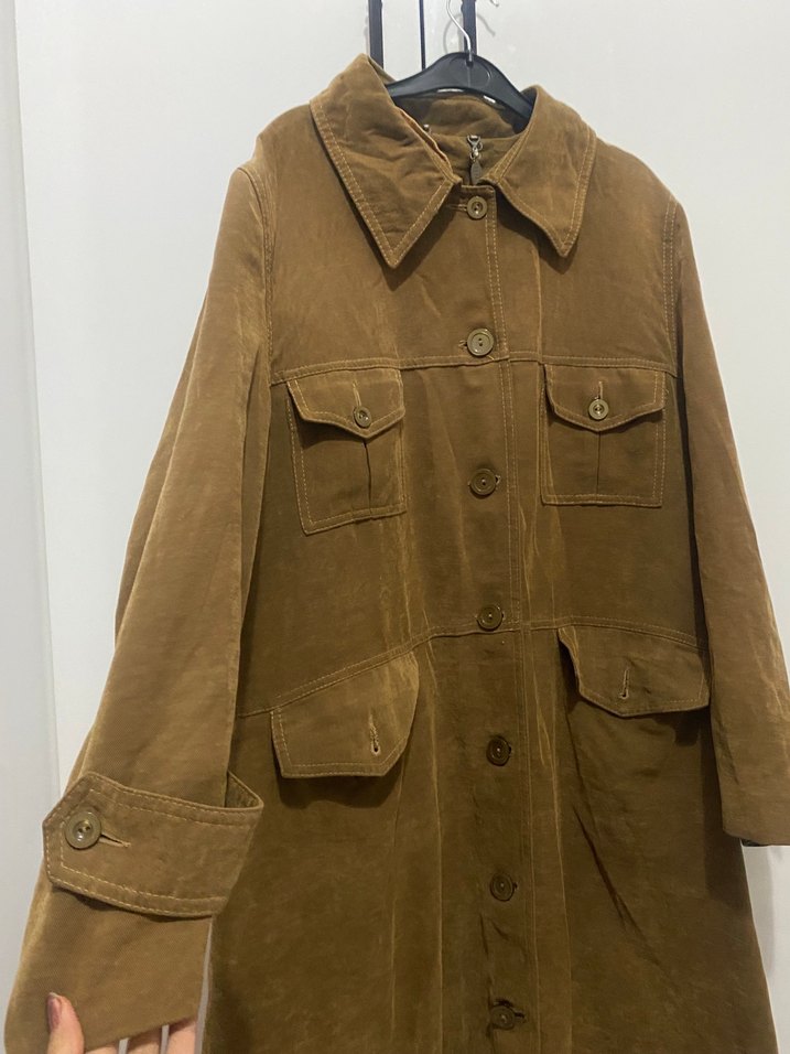 Düğmeli Kahverengi Süet Kadın trençkot - Görsel 2