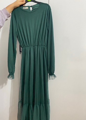 Yeşil Uzun Kollu Pilili Uzun Elbise - Görsel 2