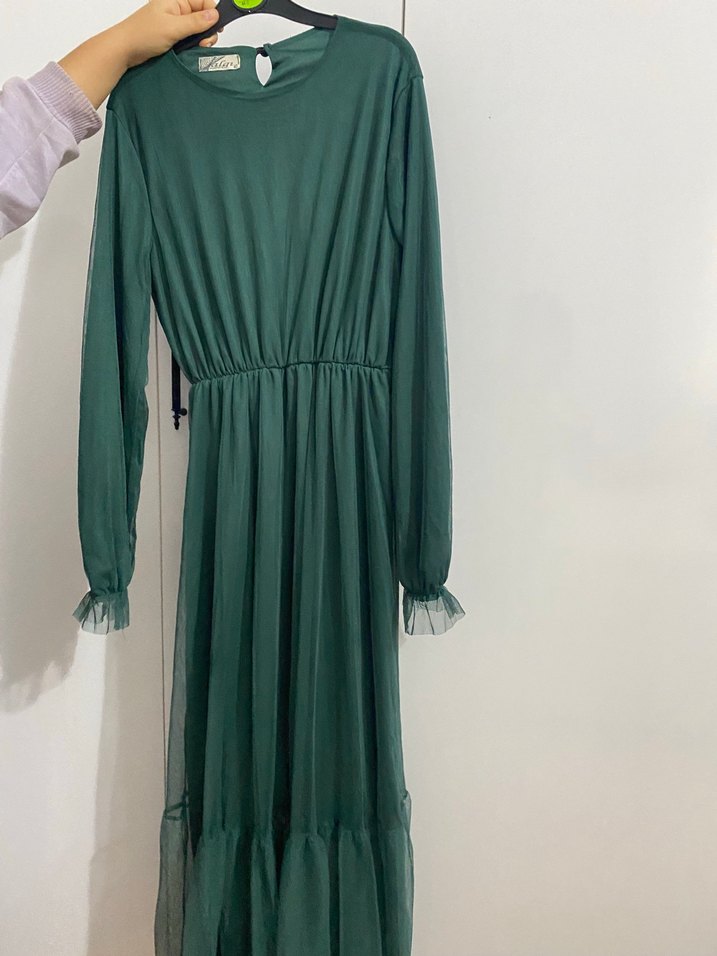 Yeşil Uzun Kollu Pilili Uzun Elbise - Görsel 2