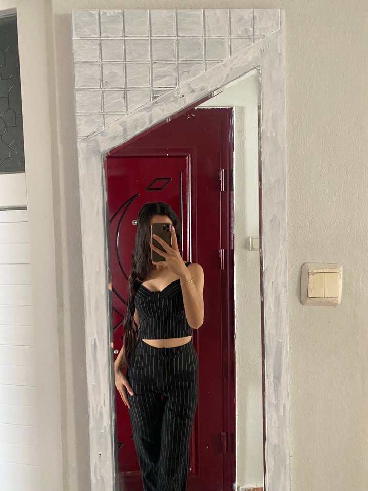 Dikine Çizgili Siyah askılı takım - Görsel 2