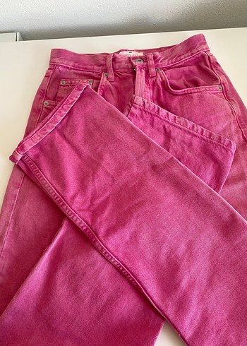 Düğmeli Pembe Kadın Midi Kot Pantolon - Görsel 2