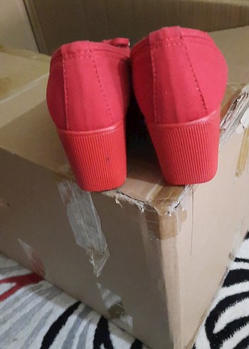 kırmızı keten dolgu topuk ayakkabı 37 - Görsel 4