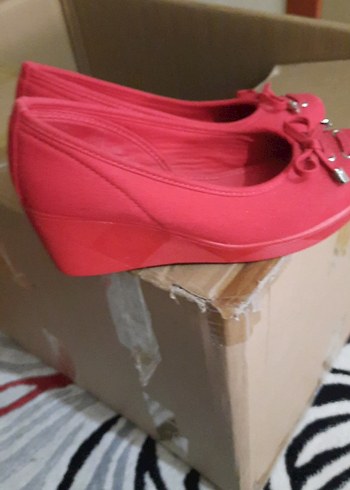 kırmızı keten dolgu topuk ayakkabı 37 - Görsel 3