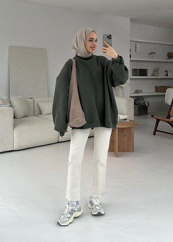 Haki tesettür Salaş Kadın Sweatshirt - Görsel 2