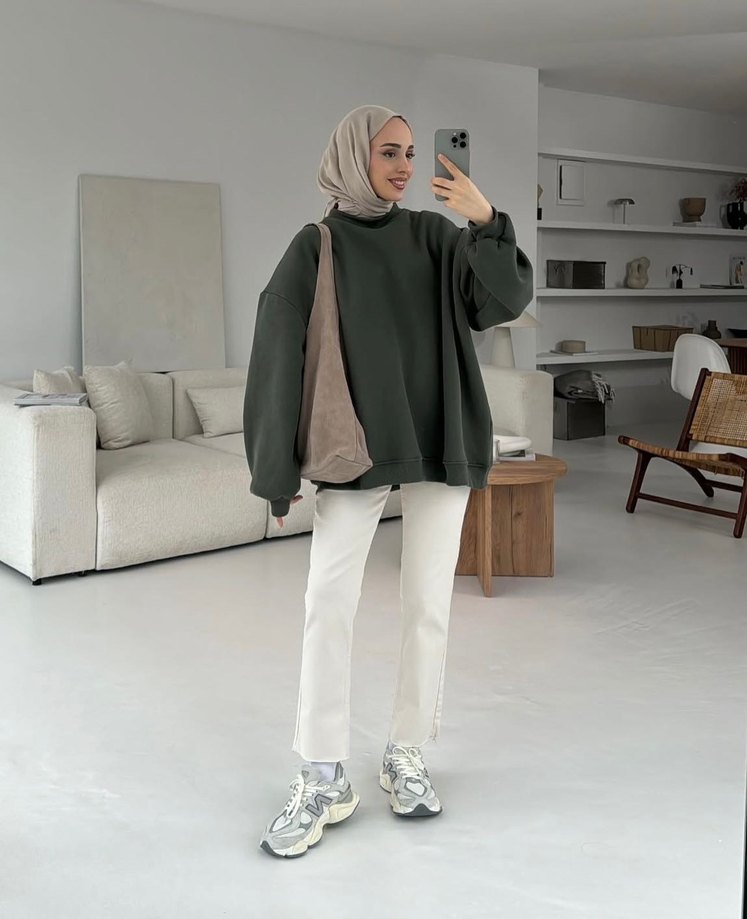 Haki tesettür Salaş Kadın Sweatshirt - Görsel 2
