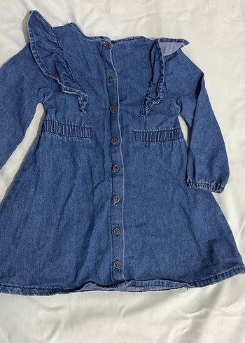 Uzun Kollu Fırfırlı Kız Kot Elbise - Görsel 3