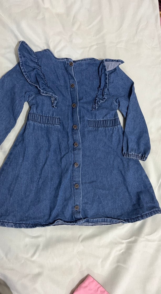 Uzun Kollu Fırfırlı Kız Kot Elbise - Görsel 3