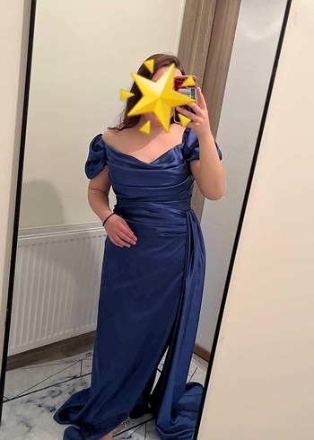 Drapeli Mavi Uzun Abiye Elbise - Görsel 2