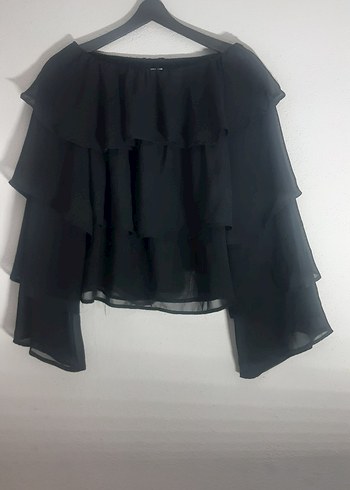 Kadın Siyah Fırfırlı Uzun Kollu Bluz - Görsel 2