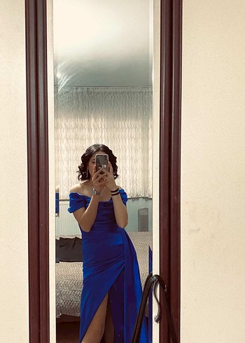 Parlak Lacivert Uzun Drapeli Abiye Elbise - Görsel 2