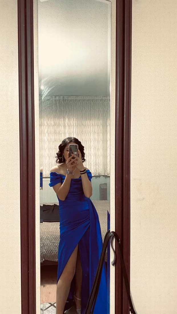 Parlak Lacivert Uzun Drapeli Abiye Elbise - Görsel 2