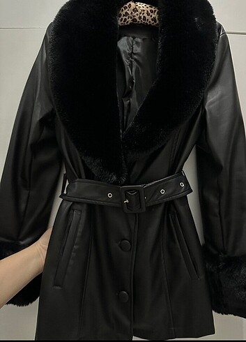 Kürklü deri ceket mont - Görsel 6