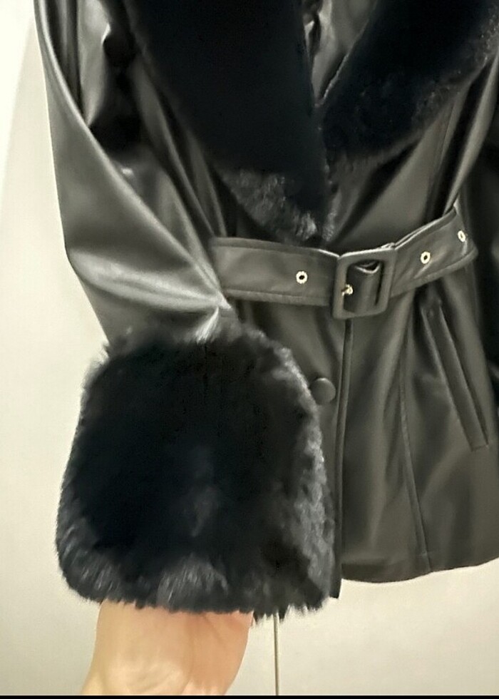 Kürklü deri ceket mont - Görsel 4