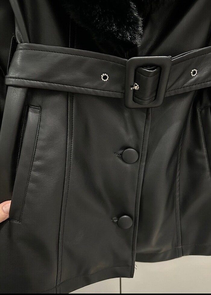 Kürklü deri ceket mont - Görsel 5