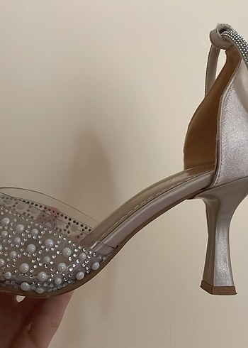 Bej Payetli Bohem Yüksek Topuklu Kadın Ayakkabı - Görsel 3