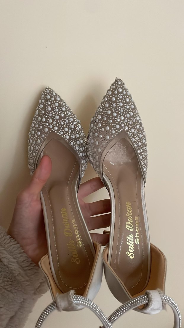 Bej Payetli Bohem Yüksek Topuklu Kadın Ayakkabı - Görsel 2