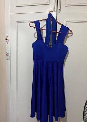 Mavi Drapeli Midi Halter Yaka Elbise
