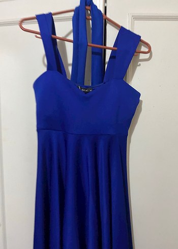 Abiye Mavi Drapeli Midi Halter Yaka Elbise