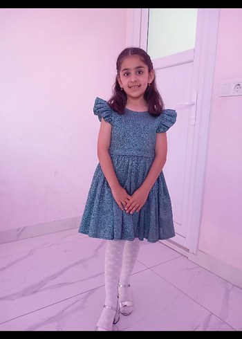 Kısa Kollu Fırfırlı Turkuaz Kız Elbisesi - Görsel 2