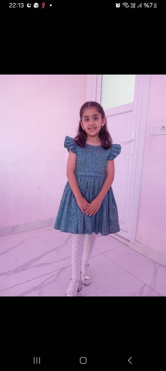 Kısa Kollu Fırfırlı Turkuaz Kız Elbisesi - Görsel 2