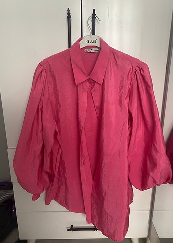 l Beden Pembe Düğmeli Loose Fit Keten Gömlek