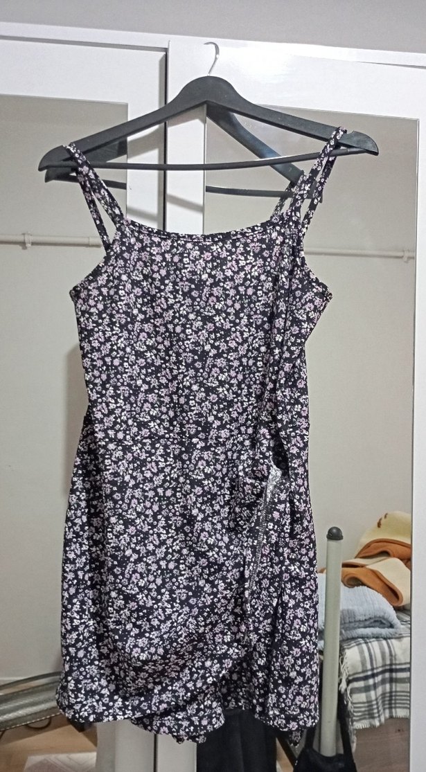 Mor Çiçek Desenli Strappy Midi Elbise - Görsel 2