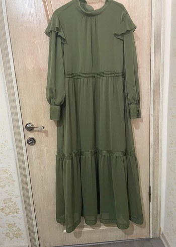 Uzun Kollu Haki Piliseli Kadın Elbise - Görsel 4