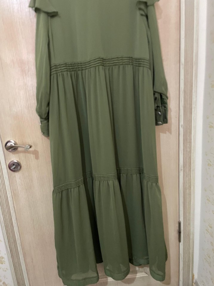 Uzun Kollu Haki Piliseli Kadın Elbise - Görsel 5