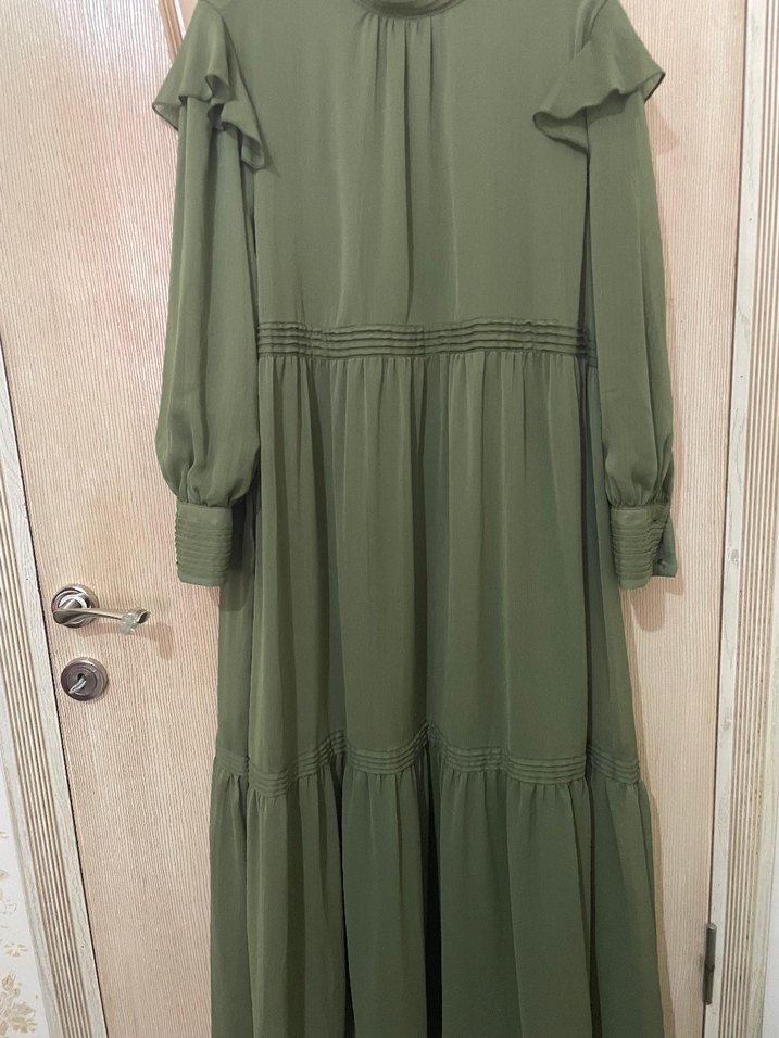 Uzun Kollu Haki Piliseli Kadın Elbise - Görsel 3