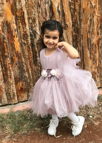 Lila Tüllü Çiçek Detaylı Kız Çocuk Elbise - Görsel 2