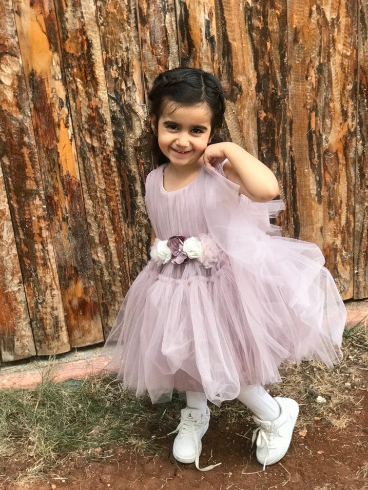 Lila Tüllü Çiçek Detaylı Kız Çocuk Elbise - Görsel 2