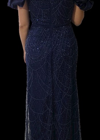 Kadın Lacivert Nakışlı Uzun Abiye Elbise - Görsel 4