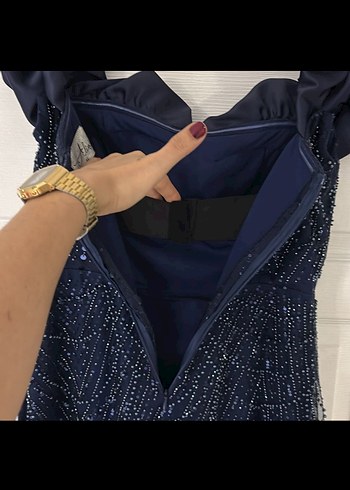 Kadın Lacivert Nakışlı Uzun Abiye Elbise - Görsel 3