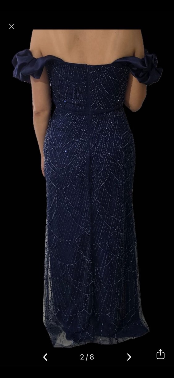 Kadın Lacivert Nakışlı Uzun Abiye Elbise - Görsel 4