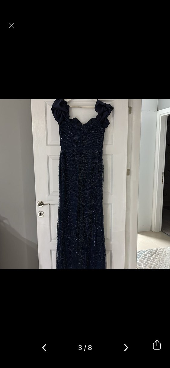 Kadın Lacivert Nakışlı Uzun Abiye Elbise - Görsel 2